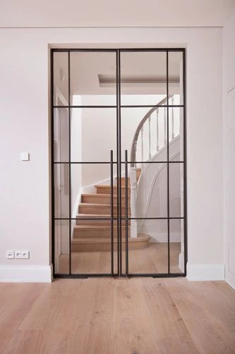 Drzwi szklane wahadłowe czarne szprosy LOFT
