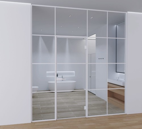 Zabudowa szklana - Białe okucia LOFT szprosy - drzwi w ościeżnicy