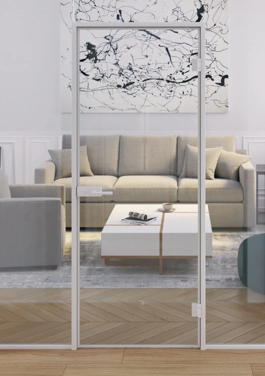 Zabudowa szklana - Białe okucia LOFT szprosy - drzwi w ościeżnicy
